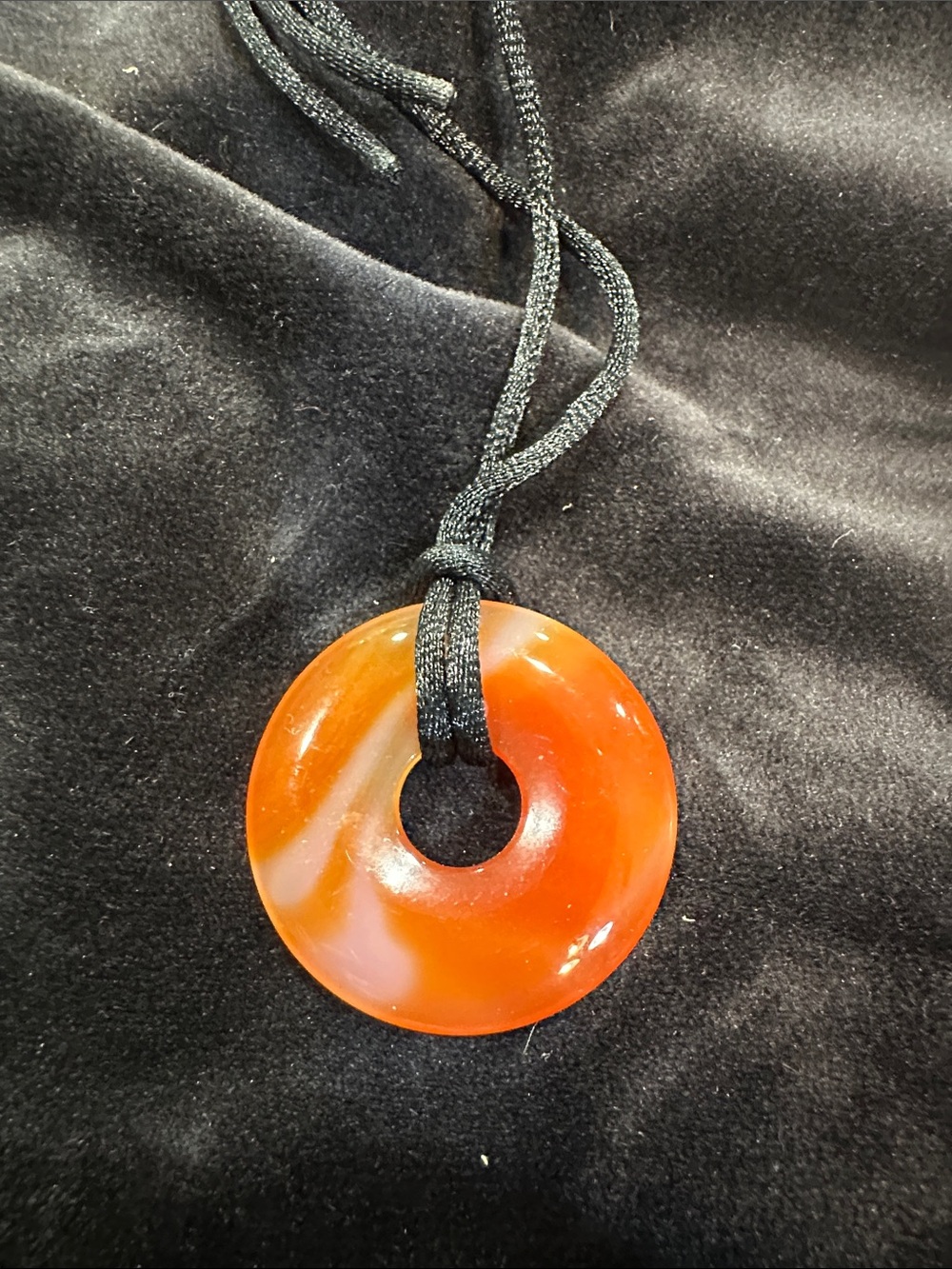 Handcrafted Orange Donut Pendant Necklace on Black Cord